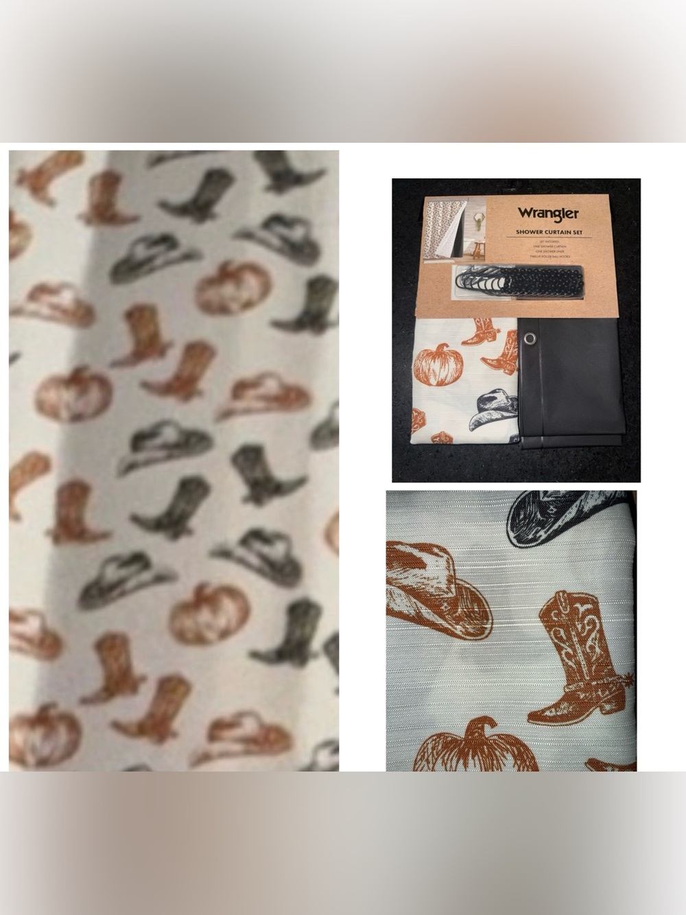 NEW Wrangler AUTUMN Pumpkin & Cowboy HAT & BOOTS Print Shower Curtain Set BLACK